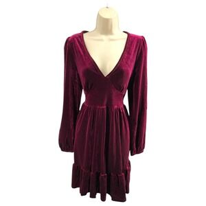 HALARA Burgundy Velvet V Neck‎ Long Sleeve Mini Dress Womens M Ruffle Hem